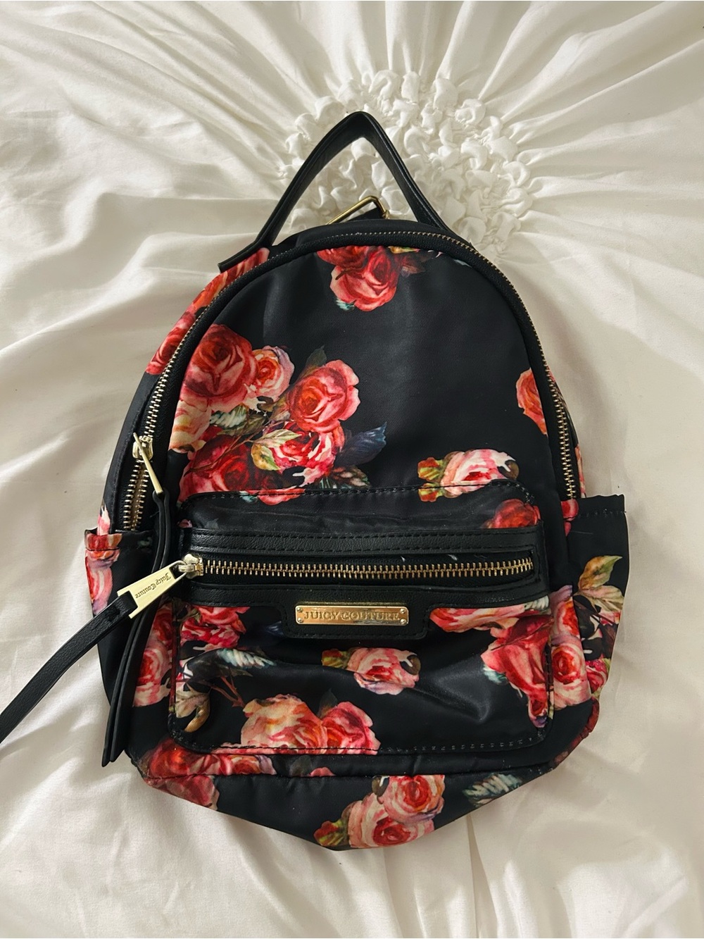 Juicy Couture Black Backpack with Red and Pink Rose Print